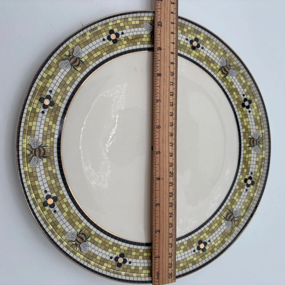Anthropologie Bistro Tile Honey Bee Mosaic Dinner Plate Yellow Gold Rim 10.5in